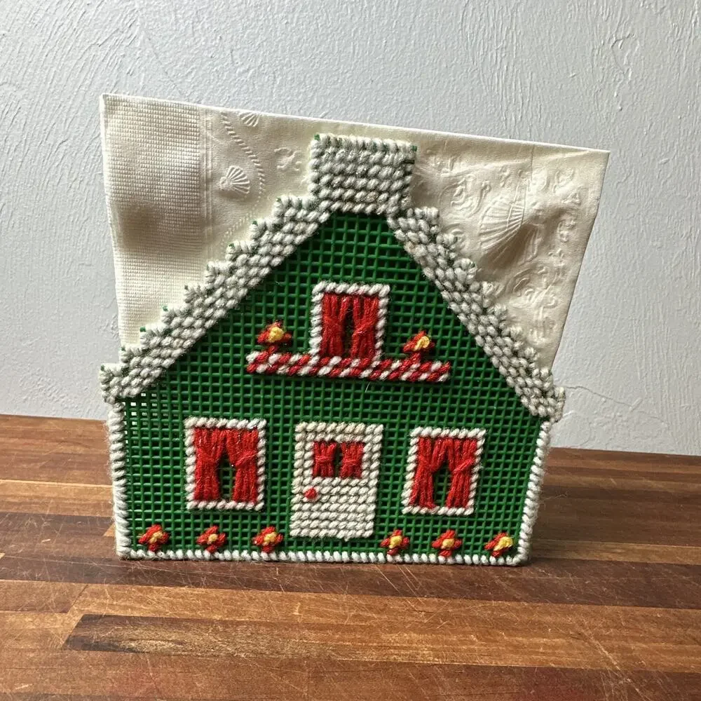 Christmas Napkin Holder, Handmade Needlepoint & Plastic,Green Red & White